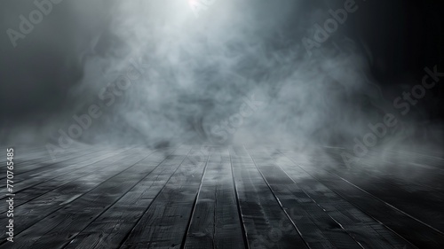  Mystical mist. Swirling smoke in dark and light symphony. Fluid fantasia. Abstract dance of fog and light on floor with black background 