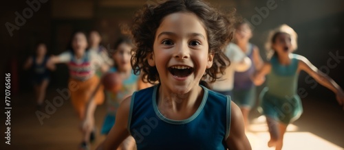 A crowd of happy children is running and laughing in the gym, having fun and enjoying a leisure event filled with smiles and entertainment