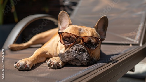 French bulldog dog with sunglasses sunbathing and sleeping on sun lounger. summer and vacation concepts.