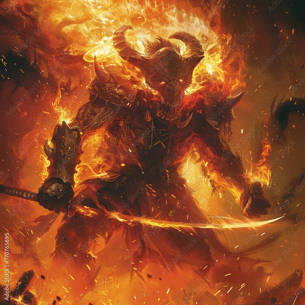 In the midst of a raging inferno the Oni Slayer faces off against a towering monstrosity spawned from the darkest depths of the abyss. With their cursed katana ablaze with infernal energy - obrazy, fototapety, plakaty 