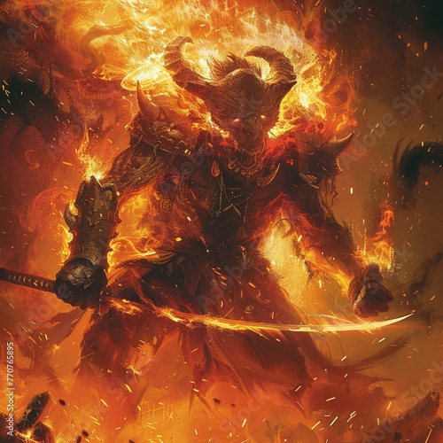 In the midst of a raging inferno the Oni Slayer faces off against a towering monstrosity spawned from the darkest depths of the abyss. With their cursed katana ablaze with infernal energy