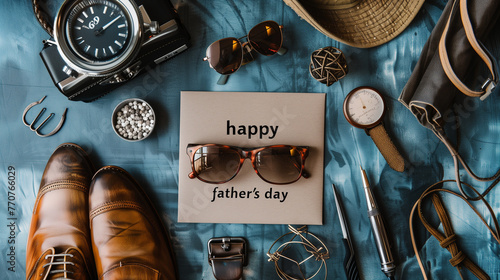 Father's Day greeting on a vintage note adorned with men's complements against a rustic wooden blue backdrop
