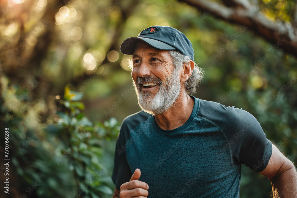 Obraz premium An active senior man with a joyful expression is jogging through a sunlit forest, embodying healthy aging and fitness.