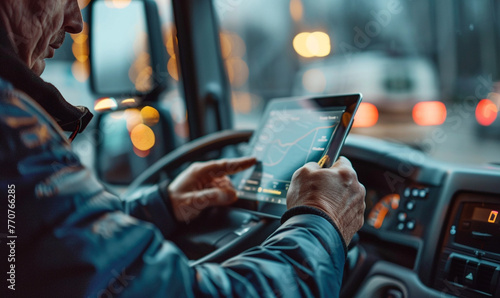 A focused truck driver uses a digital tablet for GPS navigation, planning the best route on the city map displayed on screen.