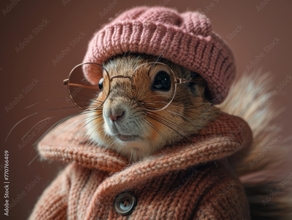 Obraz premium Adorable and cute squirrel portrait wearing retro and vintage clothes, retro accessories, nostalgia, vintage, 1800s, 1900s, 1920s, 1950s, 1960s, 1980, 1990, 2000s