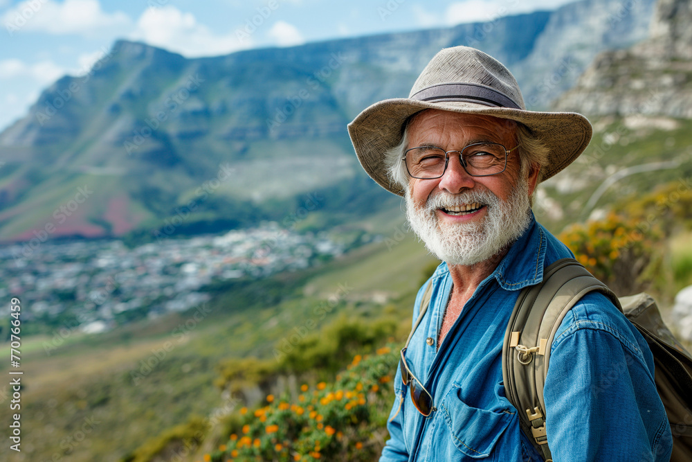 Cheerful elderly man with backpack and hat, enjoying a hike in the lush green mountains, representing an active outdoor lifestyle.
