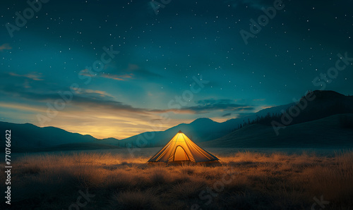A glowing tent in a serene field captures the magical essence of twilight camping under a star-filled sky, surrounded by mountains.
