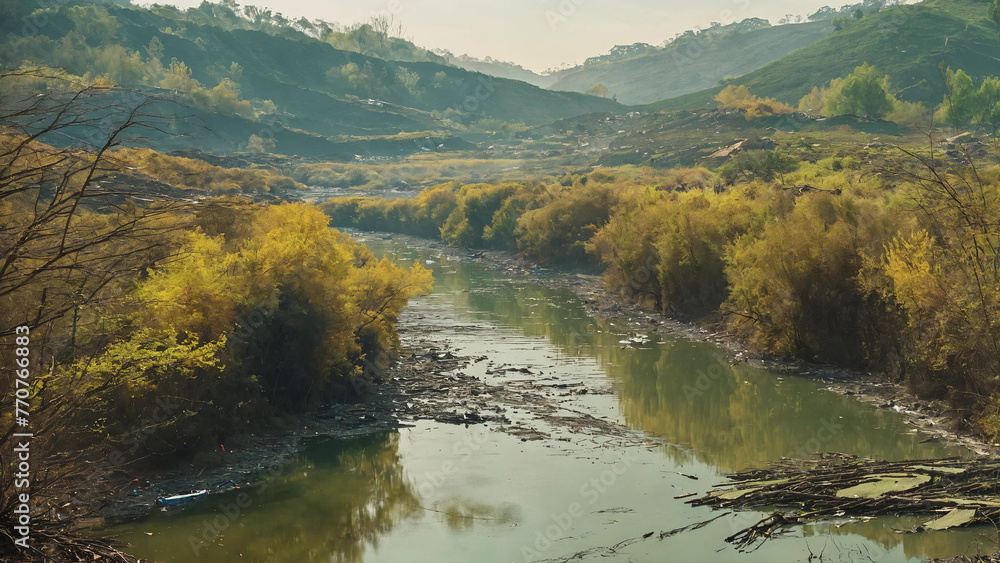 Obraz premium Scene of polluted air and waterways 16:9 with copy space