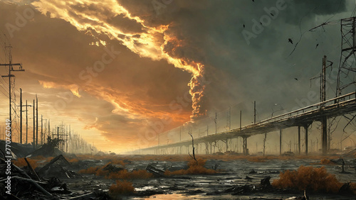 Scene of polluted air and waterways 16:9 with copy space photo