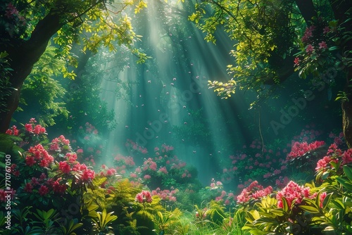 The mysterious and enchanting atmosphere of a misty forest at dawn  with rays of sunlight piercing through the trees.
