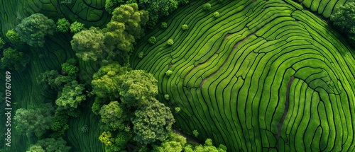 Aerial drone view of shapes tea plantation