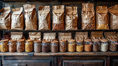 Organic Delights: Grocery Store Shelf with Brown Paper Bags and Jars. Farm Fresh Finds. Rustic Grocery Store Display. Ingredients, seeds, flavors.
