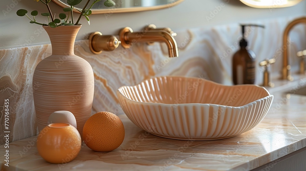 Elegant Bathroom Decor with Ceramic Vase and Washbasin Elegant Bathroom Decor with Ceramic Vase and Washbasin