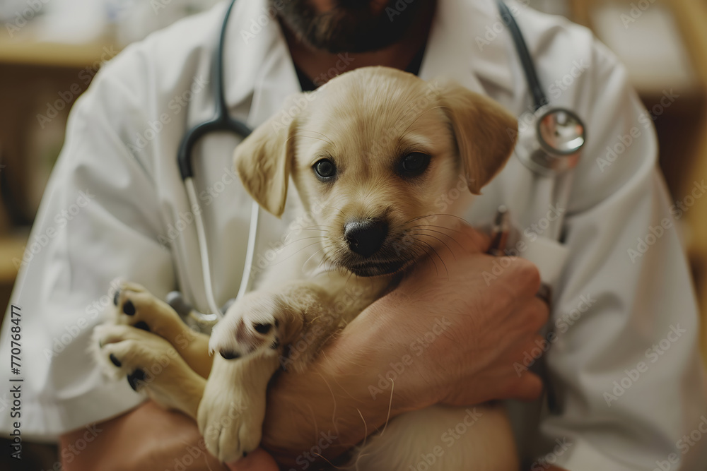 a photo of a vet holding a puppy, a photo of a vet holding a puppy,