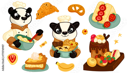Cute confectioner character. Cakes and pastries making process, cute chef and sweets. Cake vector chocolate confectionery and sweet dessert in bakery set. For poster, card, scrapbooking , stickers