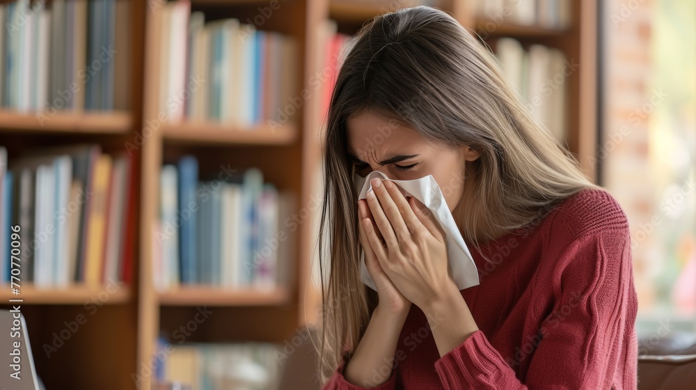 A female sneeze with tissue due to allergy reaction A female sneeze with tissue due to allergy reaction