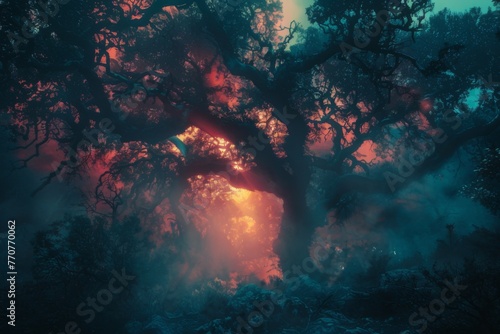 Twilight Whispers,Immersed in the Ethereal Beauty of a Forest Alive with Mist and Glowing Creatures