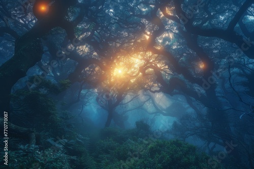 Twilight Whispers Immersed in the Ethereal Beauty of a Forest Alive with Mist and Glowing Creatures