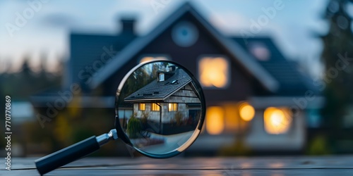 Photo of a magnifying glass focusing on a house roof symbolizing real estate investment and house hunting. Concept Real Estate Investment, House Hunting, Magnifying Glass, Roof Inspection