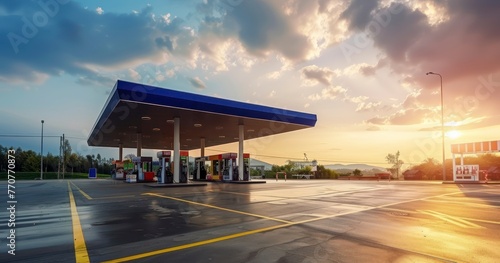 Gas Station with Sunlight Breaking Through Clouds Above © TOTO
