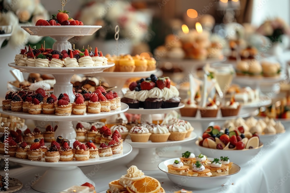 luxurious decoration of white tablecloths with lots of finger food prepared professional advertising food photography