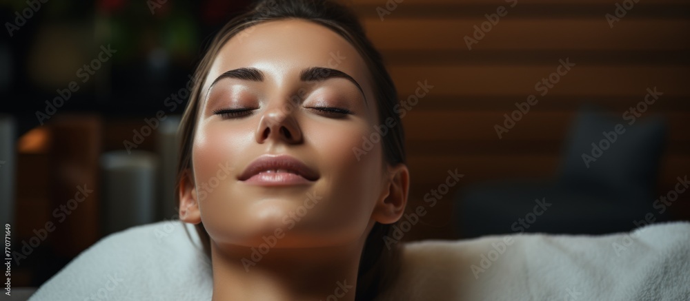 The woman is reclining in a bathtub with her eyes closed, a gentle smile on her lips. Her thumb is resting against her thigh as she relaxes in the warm water - obrazy, fototapety, plakaty 