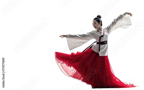 Korean Woman Gracefully Performs Traditional Dance Isolated On White Background. Generative Ai © Usama