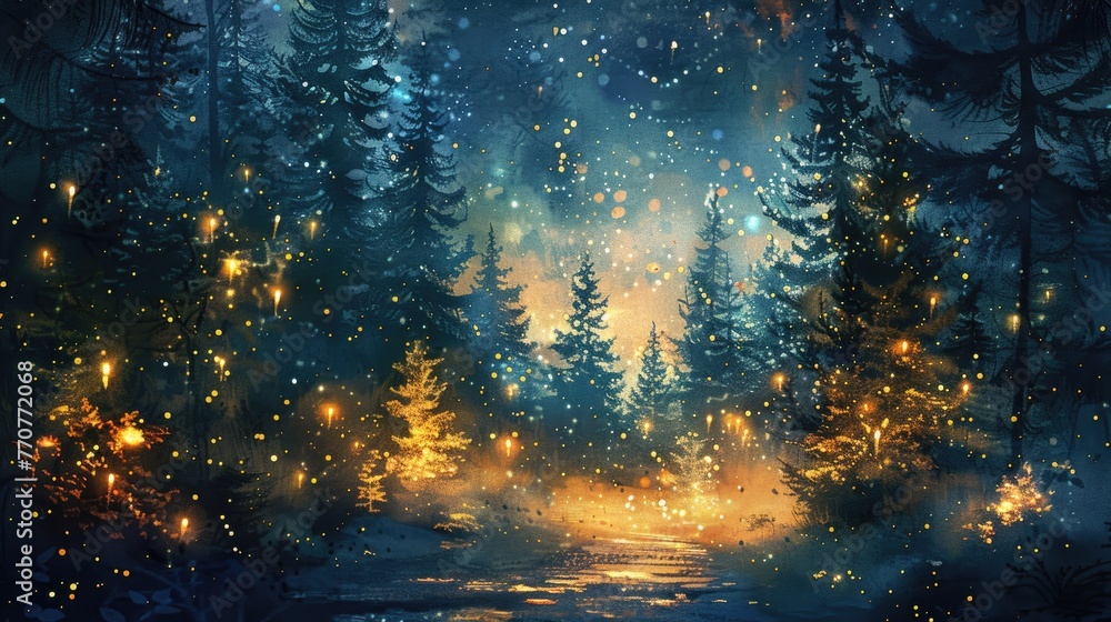 Fototapeta premium Mystical forest wallpaper. Night forest wallpaper. magical forest with fog and the moon wallpaper. magical forest wallpaper. Beautiful night sky wallpaper.