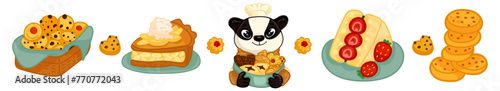 Cute confectioner character. Cakes and pastries making process, cute chef and sweets. Cake vector chocolate confectionery and sweet dessert in bakery set. For poster, card, scrapbooking , stickers