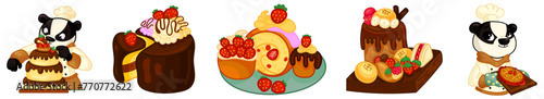 Cute confectioner character. Cakes and pastries making process, cute chef and sweets. Cake vector chocolate confectionery and sweet dessert in bakery set. For poster, card, scrapbooking , stickers