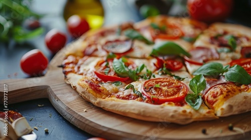 A pizza with tomatoes and basil on top of a wooden board