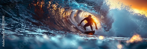 Graceful surfing: Surfer demonstrates skill, conquering the barrel in the vast blue ocean photo