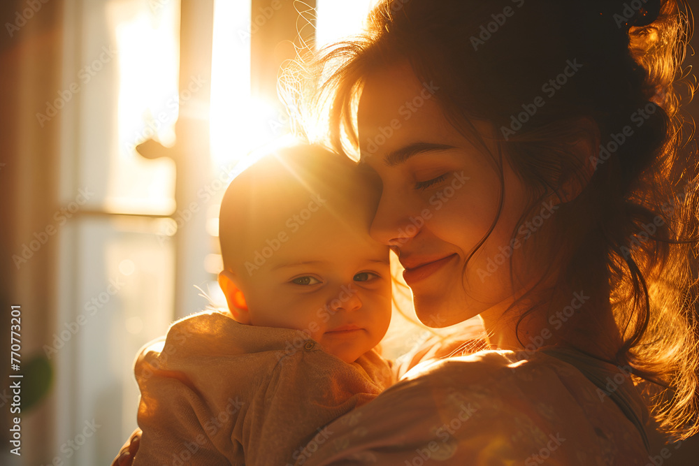 A mother tenderly embraces her baby, embodying the love and care celebrated on Mother's Day A mother tenderly embraces her baby, embodying the love and care celebrated on Mother's Day
