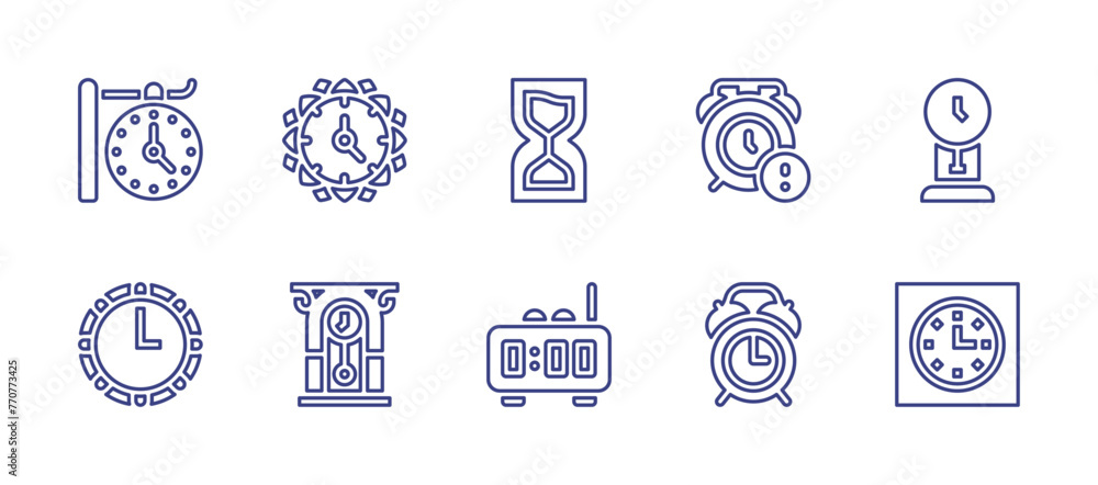Clock line icon set. Editable stroke. Vector illustration. Containing clock, alarm clock, cuckoo clock, wall clock.