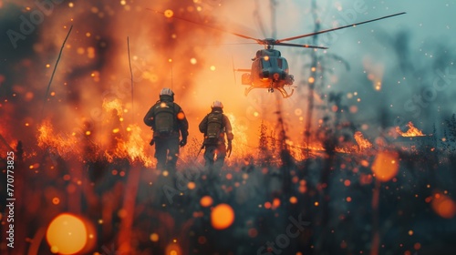 Firefighter fighting to put off wild fire flames in forest with helicopter