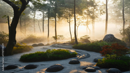 Balance and asymmetry in a zen garden with peaceful places 16:9 with copy space photo