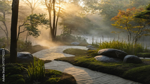 Balance and asymmetry in a zen garden with peaceful places 16:9 with copy space photo