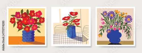 Beautiful abstract flowers and plants in pots, vase rough hand drawn vector illustration. Floral, houseplants, gardening art print.