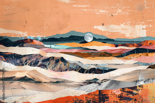 Retro trendy paper collage dune and woman with bedouin wear