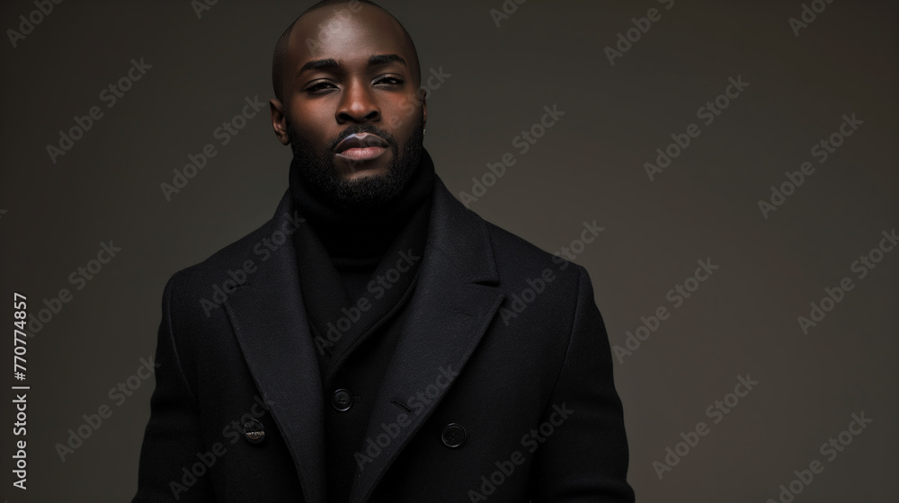 A photo of an elegant black man wearing a dark suit with a grey background. Rembrandt studio lighting 
