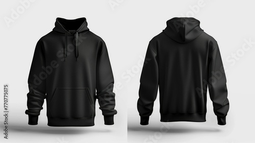 mock up, blank front and back black hooded sweatshirt, white background