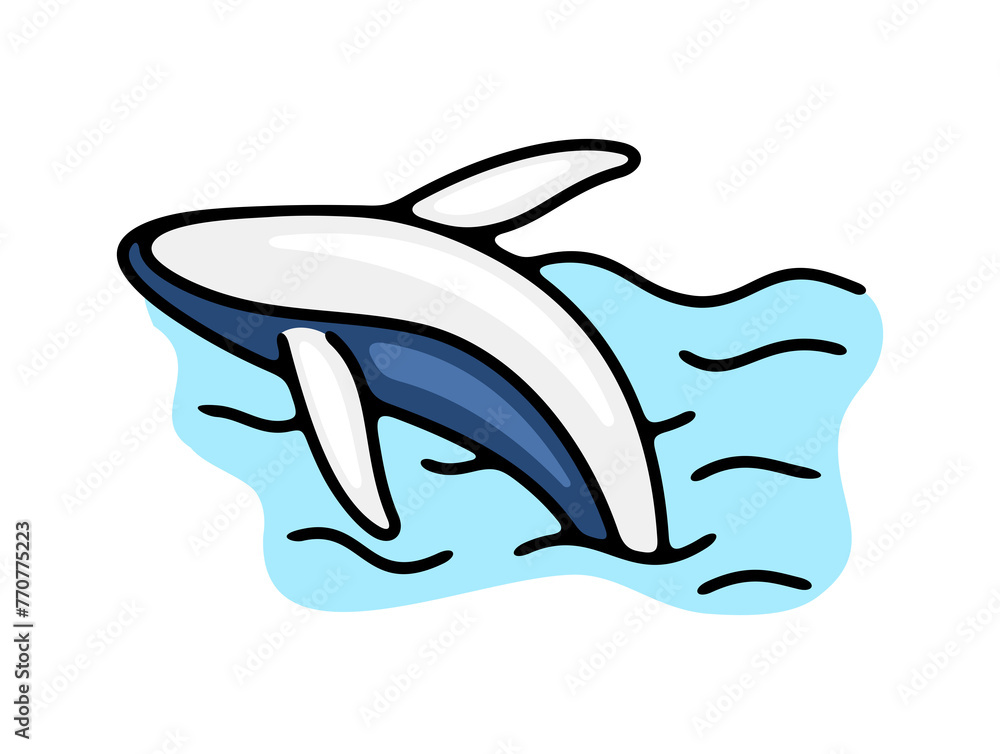 Obraz premium Humpback whale or blue whale jumps out of the water. Animals, fish, ecosystem, ocean and sea with waves, illustration
