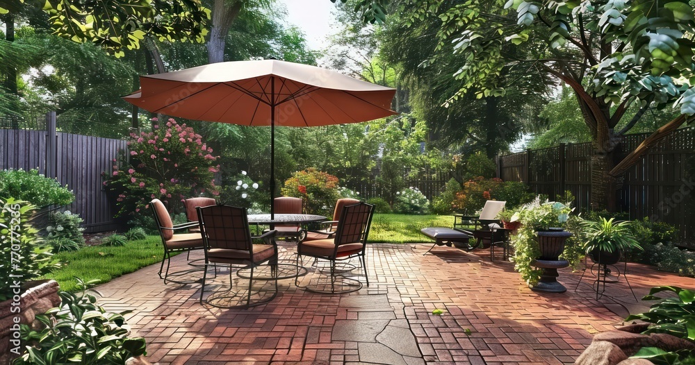 Brick Patio Set Complete with Umbrella-Shaded Table and Chairs