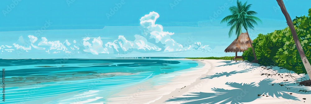 This illustration of a serene tropical beach with crystal-clear waters and lush palm trees evokes the ultimate relaxation getaway, ideal for travel promotions.