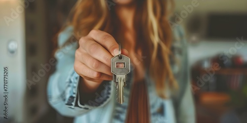Closeup of a woman holding house keys symbolizing moving into her first apartment or home. Concept Moving in, New beginnings, Home sweet home, Exciting journey