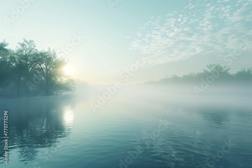 A serene lake at dawn mist hovering over the water with ample space for text evoking peace and contemplation