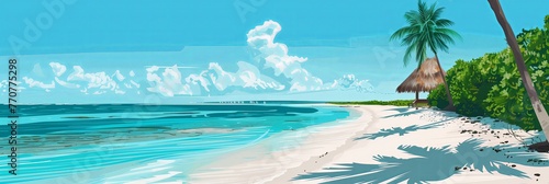 This illustration of a serene tropical beach with crystal-clear waters and lush palm trees evokes the ultimate relaxation getaway, ideal for travel promotions.