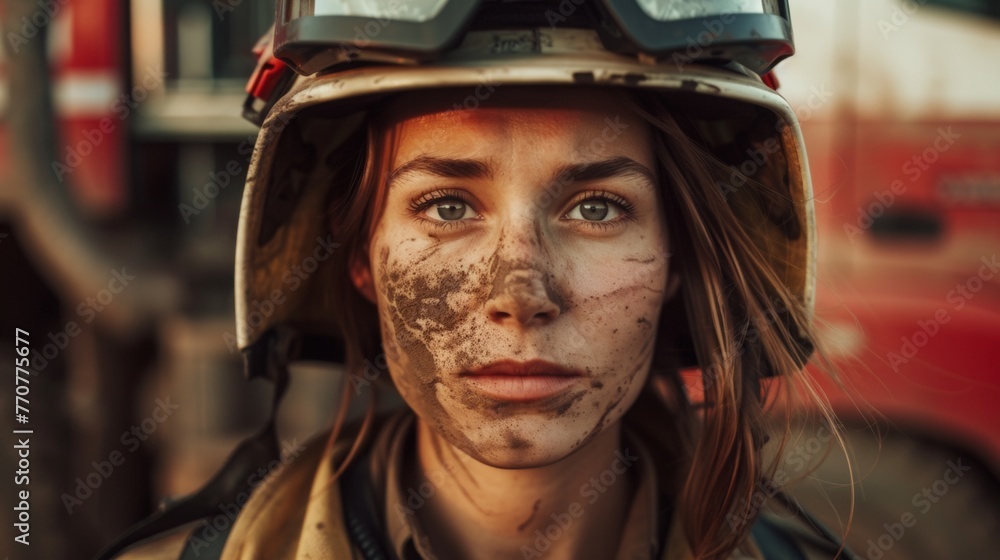 Fototapeta premium Closeup portrait of a tired female firefighter