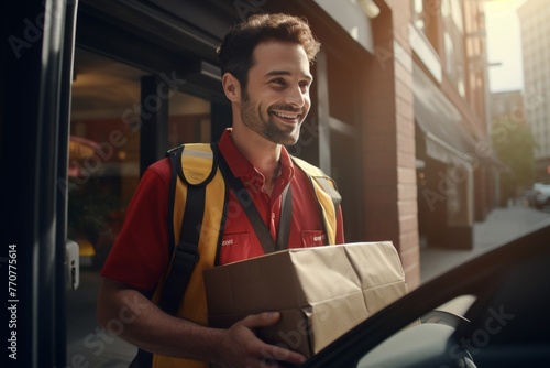 Smiling delivery man with packages, urban background, service, friendly, logistics photo