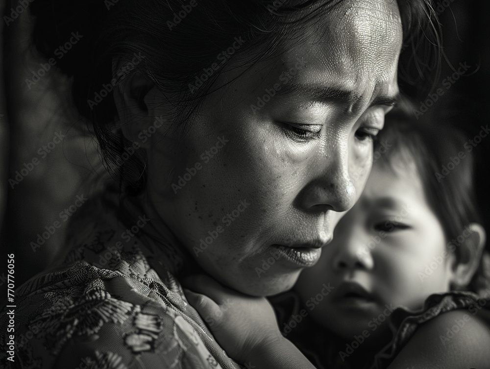 Asian mother, life's weight, black and white
